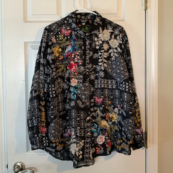 Johnny Was Tops - Johnny Was Black Floral Embroidered Button-Up Top with Multicolor Accents